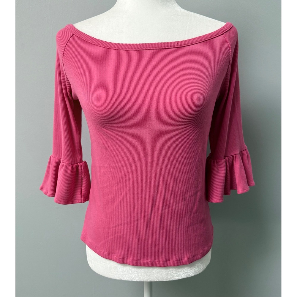 Boston Proper Women's Ribbed Boat Neck Top 3/4 Flare Sleeve Pink Size Large